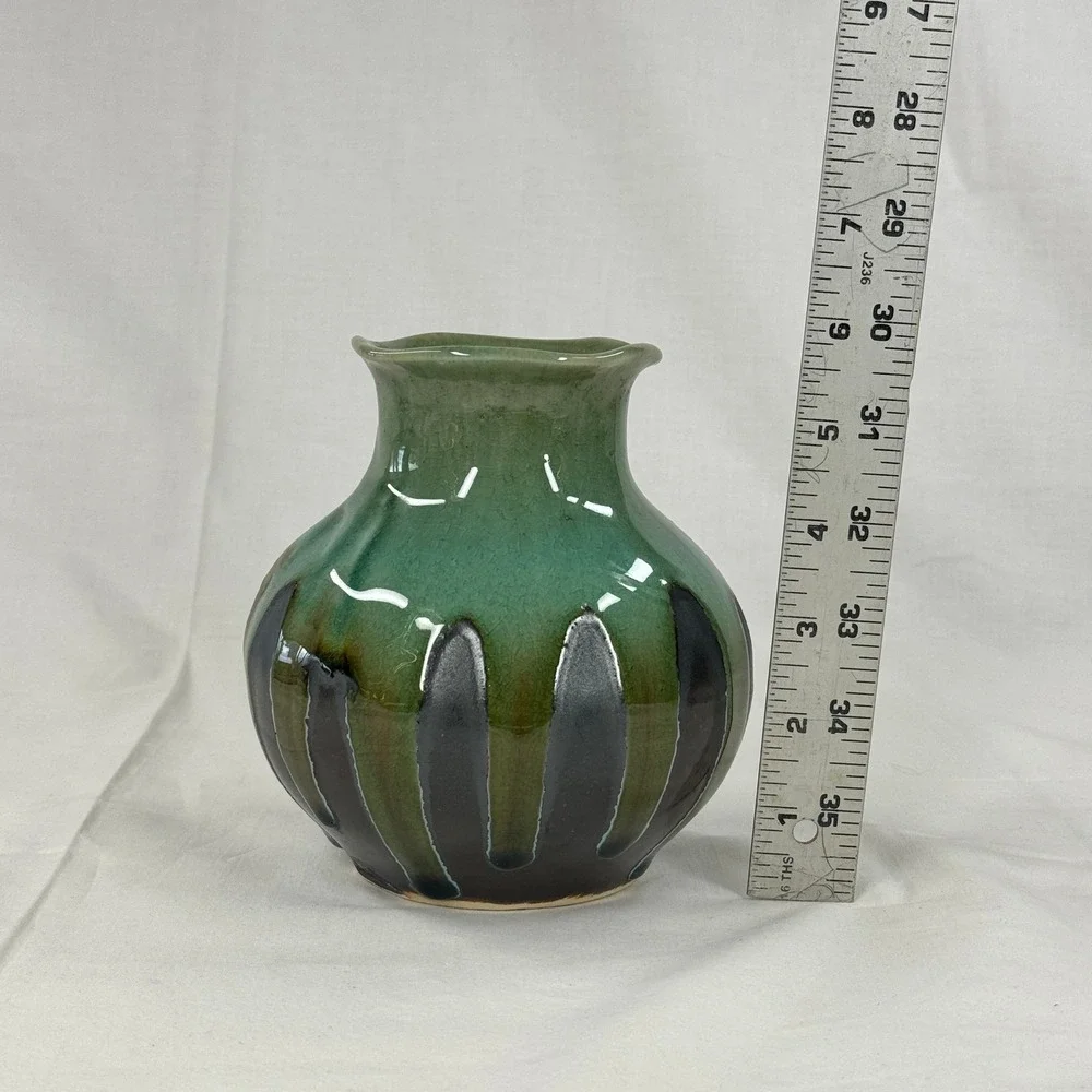 Vintage Studio Pottery Drip Glaze Vase‎ Green Brown Textured Scalloped Rim 5.5